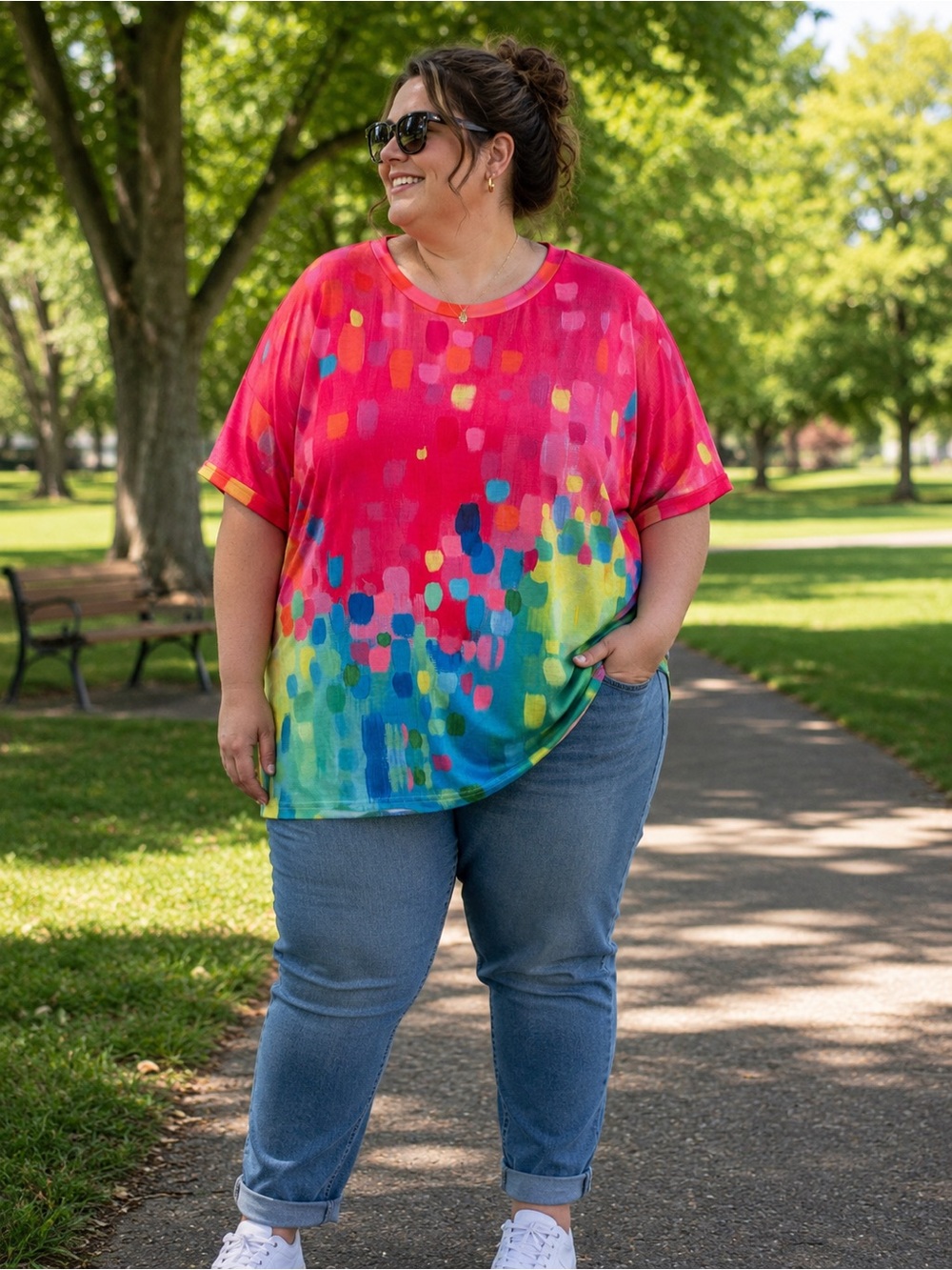 Plus-Size Short Sleeve Tee in Pink & Blue Painterly Print
